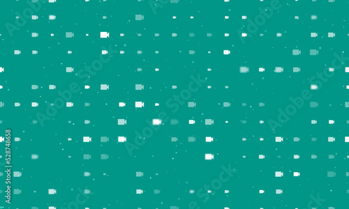 Seamless background pattern of evenly spaced white video camera symbols of different sizes and opacity. Vector illustration on teal background with stars
