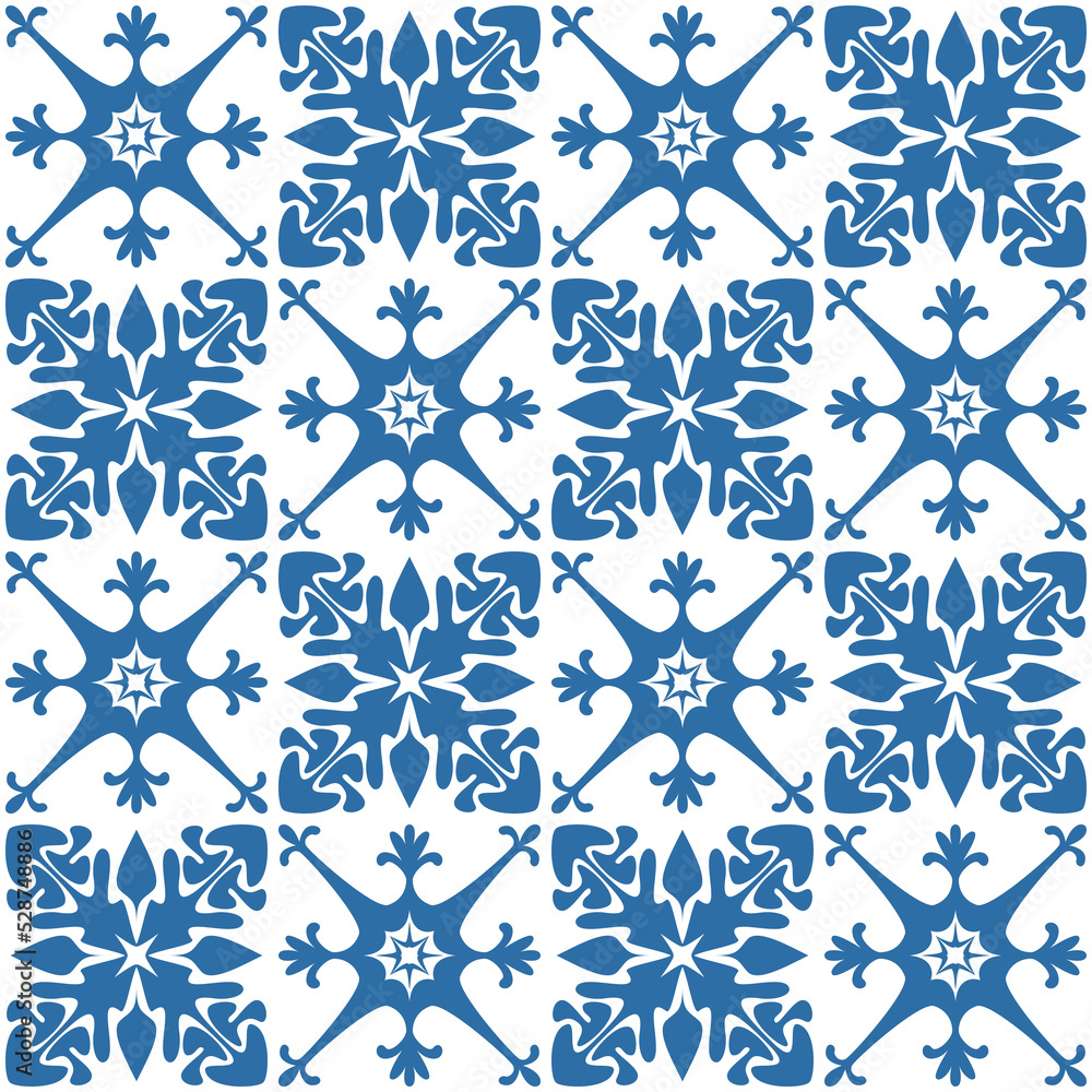 Fototapeta premium Floral motif for ceramic tiles in Spanish Azulejo style, retro blue vector