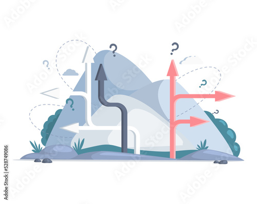 Making confusion choice of path. Solution to problem, choose options concept. Career decide, life and question decision. Direction arrows with questions signs outdoors background with crossroads