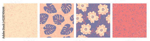 Grain texture and floral seamless pattern vector set. Botanical design of pri...