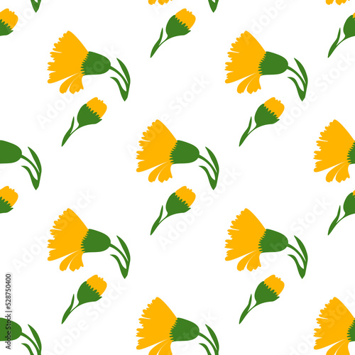 Botanical plant flowers dandelions seamless pattern vector illustration. Daisy branch with yellow flower on white background. Graphic design for greeting, banner, holiday, celebration, fashion, cover