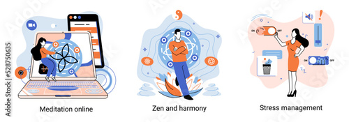 Meditation online. Self-management, self regulation learning, self-organization course, control over emotions metaphor Online yoga at home meditating. Deals with stress management, zen and harmony