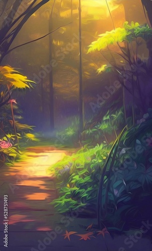 sunset in the forest, digital painting, concept illustration