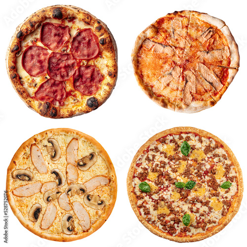 Collage set of four different pizzas for menu isolated
