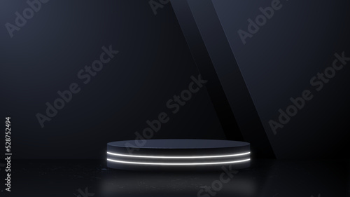 Realistic 3d cylinder pedestal neon white glowing podium with black background. Pastel minimal scene. Stage for showcase, Product display
