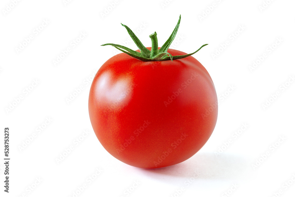 One red tomato close-up isolate on a white background. Ripe tomato with leaves with clipping path One red tomato close-up isolate on a white background. Ripe tomato with leaves with clipping path