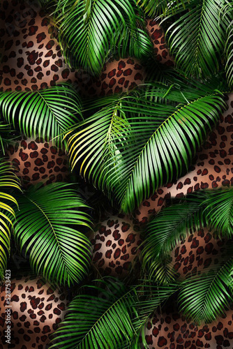 Tropical floral  palm leaves seamless pattern leopard background. Exotic jungle wallpaper., animal print for texture