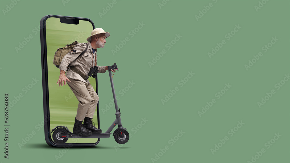 Explorer on scooter coming out from a smartphone Explorer on scooter coming out from a smartphone