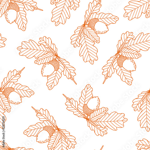Acorn, oak tree seed and leaves branch seamless pattern, simple hand drawn outline vector illustration, autumn fall ornament, Thanksgiving holiday celebration, harvest time concept, gift paper design