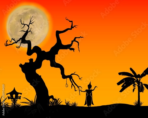 Silhouettes of buddhist temple  trees etc isolated on background. Black for Halloween Thai style.