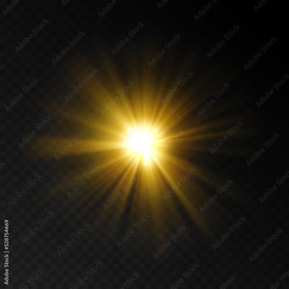 Orange light flash on transparent background. Explosion vector template. Realistic illustration with glowing burst star. Bright glare effect. Solar flare. Flash in the sun.