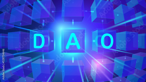 Concept of Decentralized Autonomous Organisation, cryptocurrency, smart contract and blockchain technology for infographics, wallpaper, banner, news. Vector illustration with DAO typography