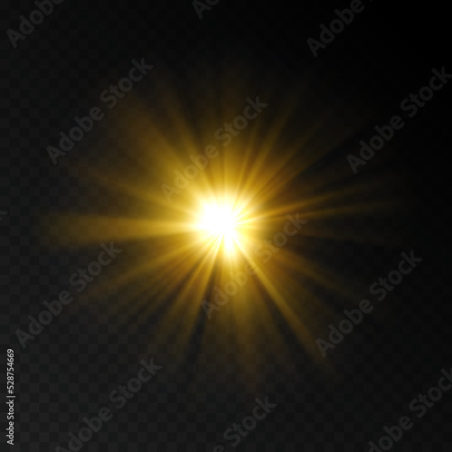 Orange light flash on transparent background. Explosion vector template. Realistic illustration with glowing burst star. Bright glare effect. Solar flare. Flash in the sun.