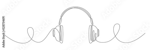 Headphones continuous line art. Hand drawing music gadget symbol. Vector isolated on white.