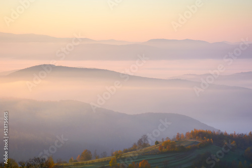 carpathian mountains at foggy sunrise. beautiful autumn landscape with forested rolling hills and glowing cloud inversion in the distance valley