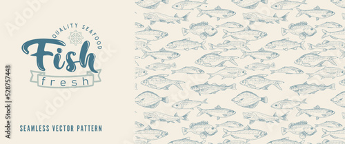 Label template for fish products. Layout for printing flyers, stickers, banners. Background of seamless pattern of sea and river fish. Vector vintage illustration.