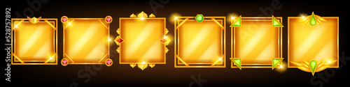 Game frame vector set, avatar UI fantasy RPG gold border, medieval ancient facecam menu, red gem. Vintage metal screen asset kit, shiny square interface design element. Game frame ranking clipart
