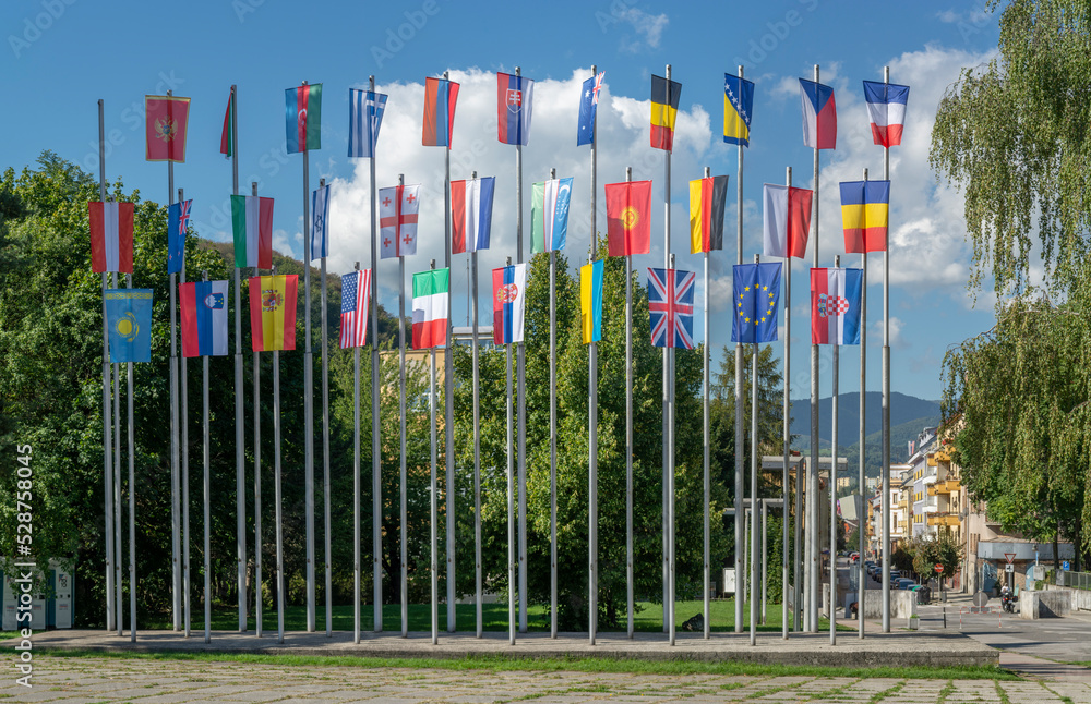Row of national flags. World Flags Blowing In The Wind.