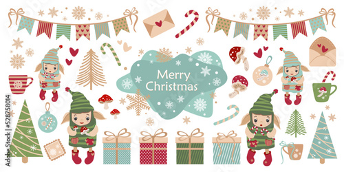 Christmas set, vector illustration. Santa's helpers elves, lollipops, Christmas trees, Christmas decorations, garlands, snowflakes, banner, hot drink mug, postal envelopes, hearts, fly agaric mushroom