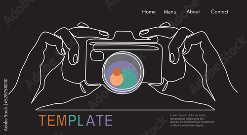 Vector Illustration Digital Camera in hands - continuous line drawing with quote template.
