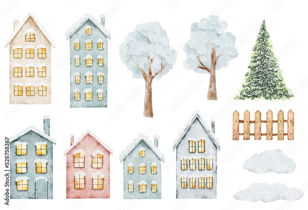 Set of watercolor snow-covered houses and trees, wooden fence and christmas tree isolated on white background.