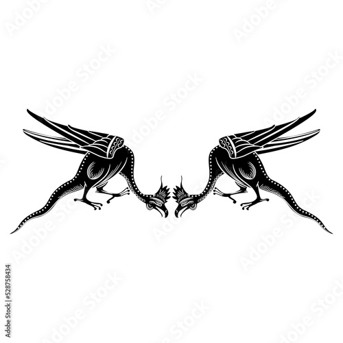 Symmetrical animal design with two winged dragons or basilisks. Medieval Gothic illuminated manuscript style. Black and white negative silhouette.