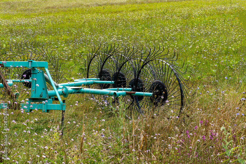 To simplify the process of collecting hay, the device is a rake—trowel. Against the background of a blooming field. Haymaking, hay. To simplify the process of collecting hay, the device is a rake—trowel. Against the background of a blooming field. Haymaking, hay.