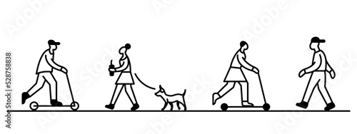 Group of walking and driving people. 
