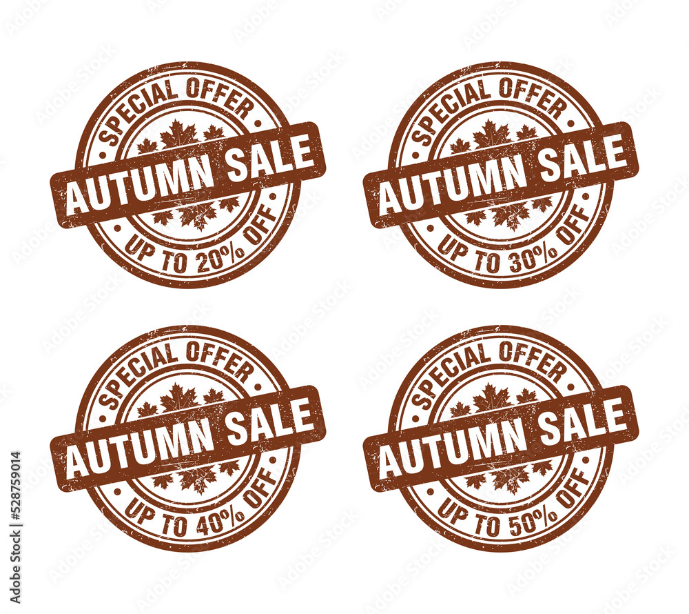 Autumn sale brown grunge stamp set. Special offer up to 20, 30, 40, 50 percent off