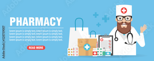 Pharmacy concept design flat banner with doctor