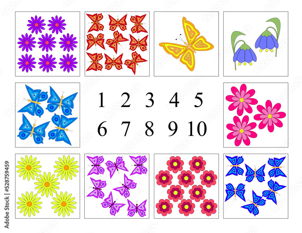 How many, сhildren's game to count butterflies and flowers for the development of attention and math. How many, сhildren's game to count butterflies and flowers for the development of attention and math.