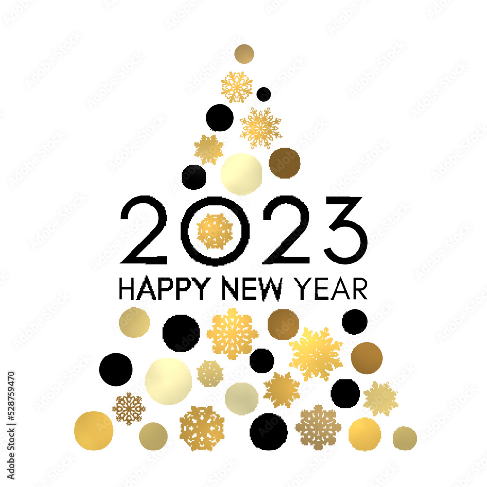 Obraz premium Happy New Year 2023 greeting card design. Abstract Christmas tree with gold and black circles snowflakes isolated on white background. Shining New Year postcard invitation. Golden vector illustration.