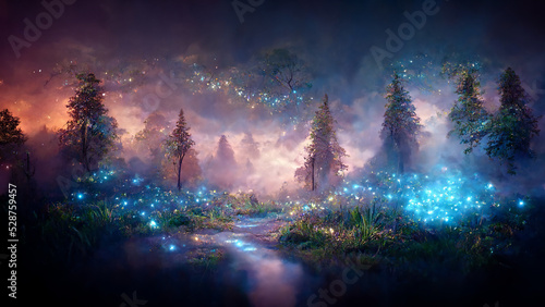 Mystical forest scene at night as digital art