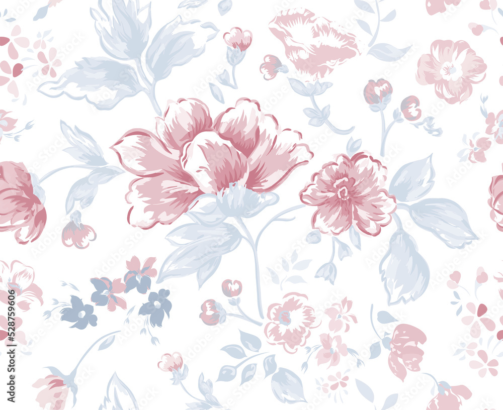 Floral pattern. Pink and blue flowers background. Hand drawn vector illustration