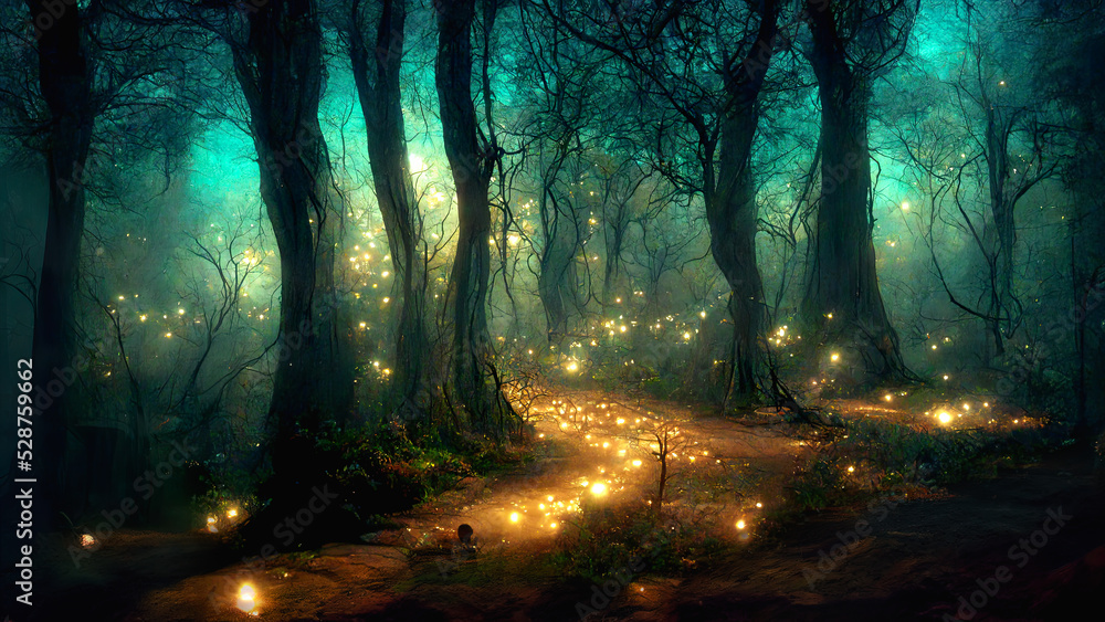 Gloomy fantasy forest scene at night with glowing lights - obrazy, fototapety, plakaty 