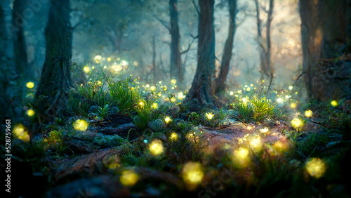Forest path with glowing fireflies photo