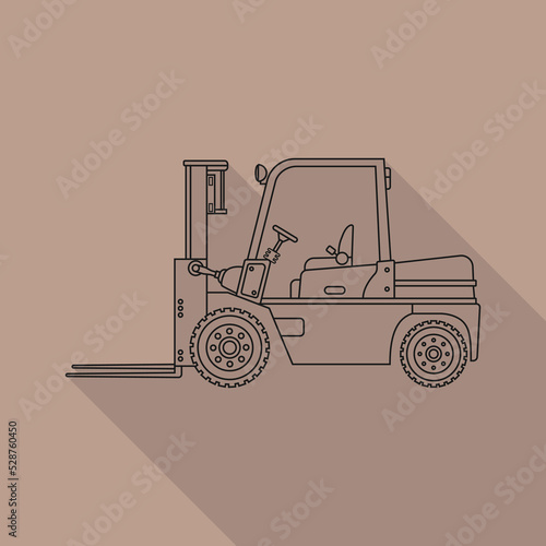 The vector icon is a flat-style forklift on a bright background, with a long shadow, in a tile outline.