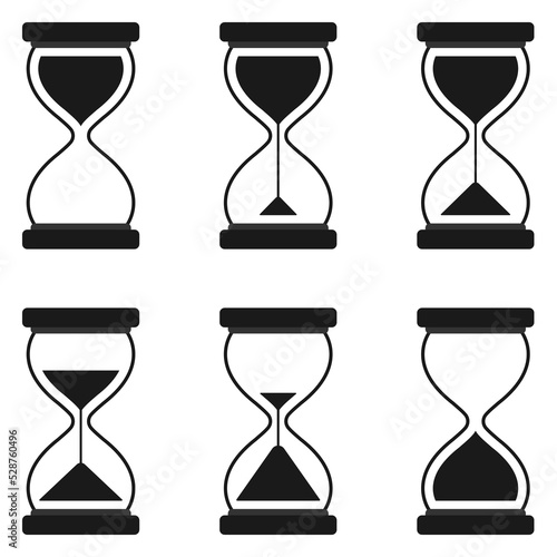 A set of vector hourglasses in vomit styles, for web design and internet in black.