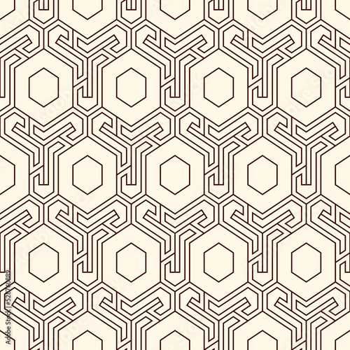 Honeycomb seamless pattern. Hexagon mosaic tiles ornament. Ethnic surface print. Repeated geometric figures background. Ornamental wallpaper. Modern geo design digital paper.