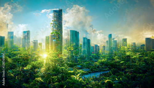 solarpunk abstract cityscape and nature, created with generative ai