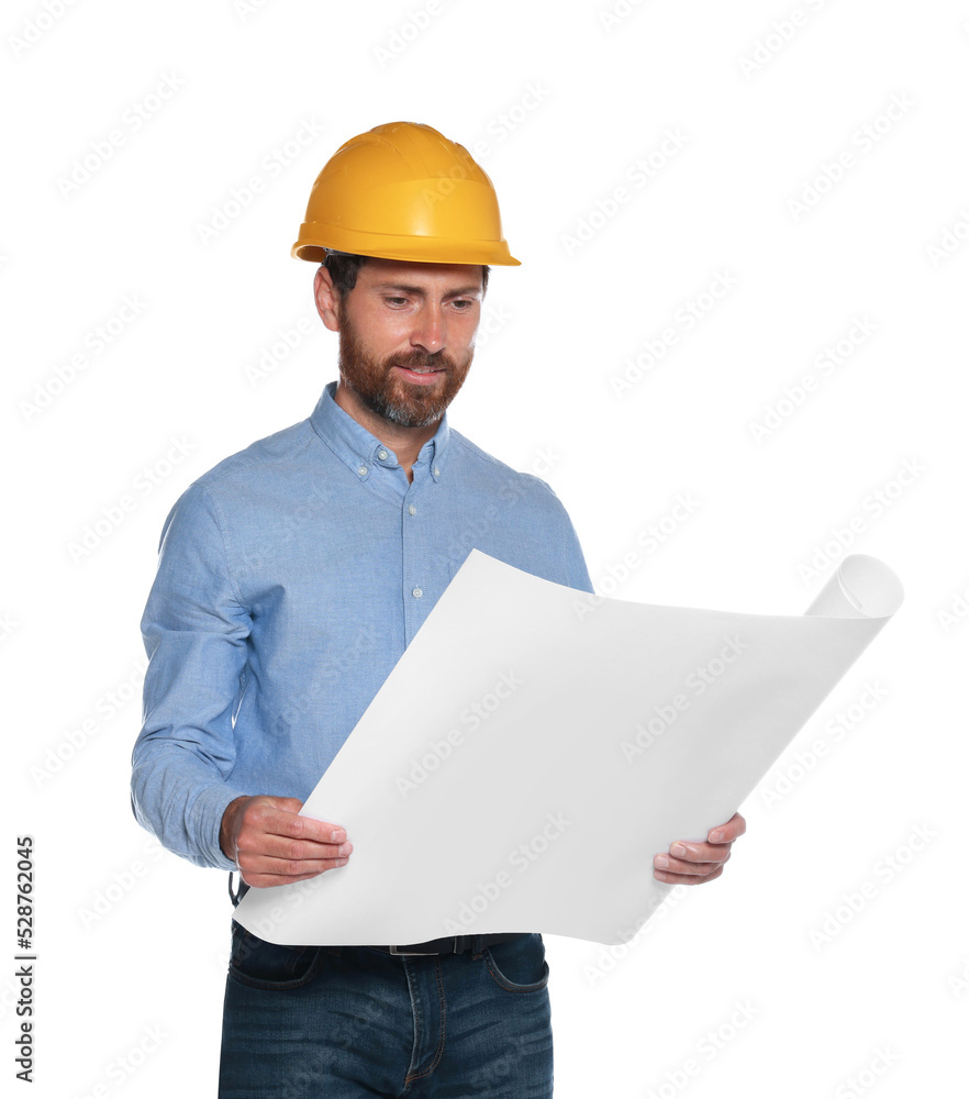 Professional engineer in hard hat with draft isolated on white Professional engineer in hard hat with draft isolated on white