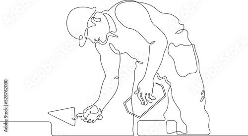 One continuous line.Bricklayer at a construction site. Home construction.Builder with a tool in his hands.Laying the wall. Construction worker.One continuous line is drawn on a white background.