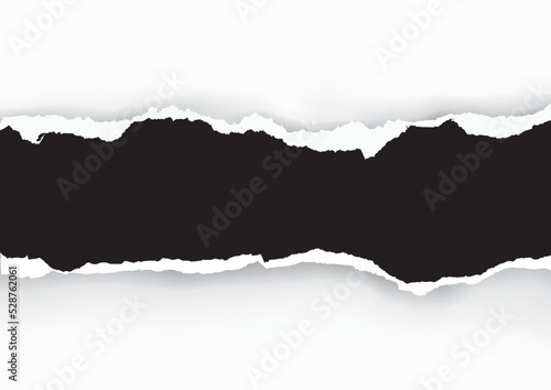 Black Ripped paper stripe. llustration of black torn paper with white place for your image or text. Banner template. Vector available.