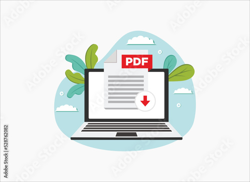 Download PDF icon file with label on laptop screen. Downloading document concept, vector flat illustration