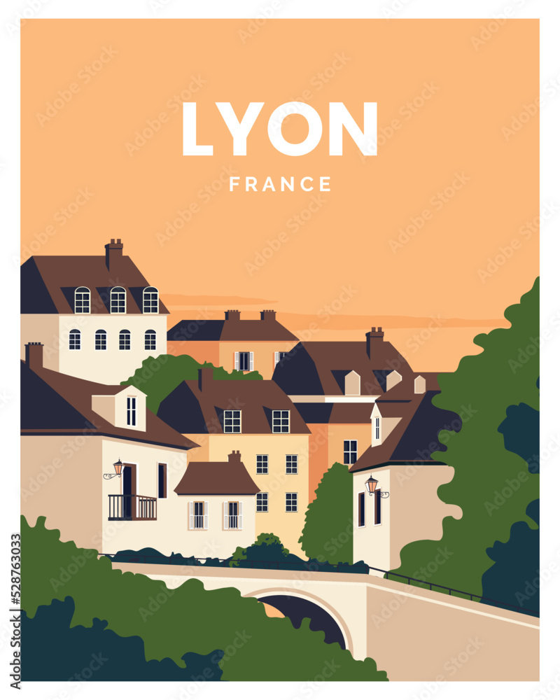 Naklejka premium sunset in lyon france landscape background. Vector illustration with minimalist style for travel poster, print, postcard.