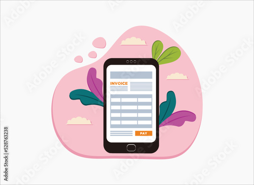 Online payment service. Invoice form on the phone screen with a pay button. Internet banking concept. Online paying, bookkeeping, accounting. vector illustration isolated