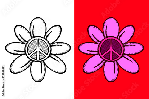 Peace flower symbol icon Illustration hand drawn cartoon vintage style vector