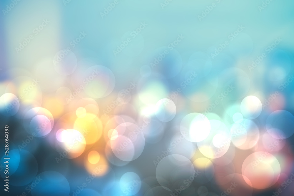 Obraz premium Colorful party background. Abstract pastel blue turquoise pink yellow texture with blurred bokeh lights and soft color circles. Beautiful backdrop for design of invitation for various holidays. Card .