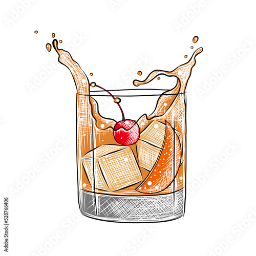 Vector engraved style Old Fashioned alcoholic cocktail illustration for posters, decoration, menu and print. Hand drawn sketch of drink or beverage. Detailed drawing isolated on white background.