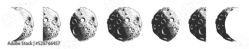 Set of vector engraved style moon phases for posters, decoration and print. Hand drawn space sketches isolated on white background. Detailed vintage woodcut style drawing.